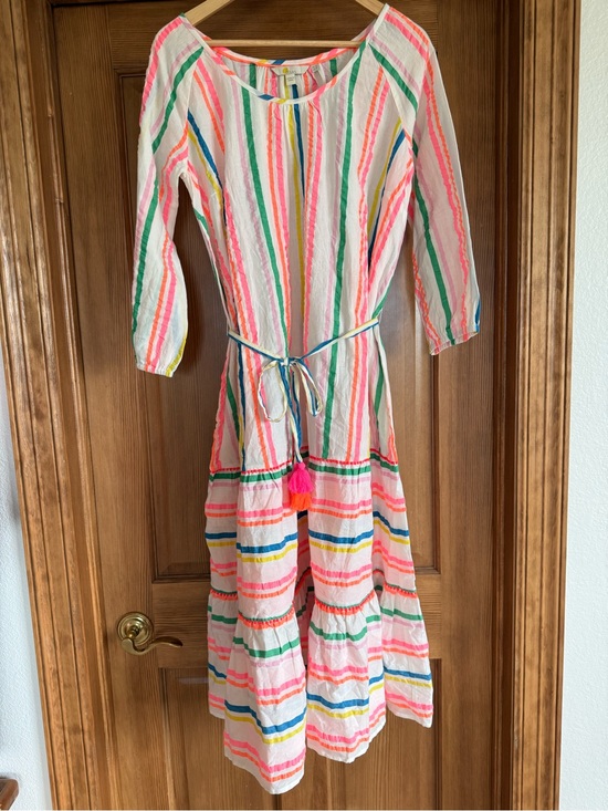 Boden Dresses & Skirts - Boden White Pink Multi-Stripe Tiered Dress with Tassel Waist Tie